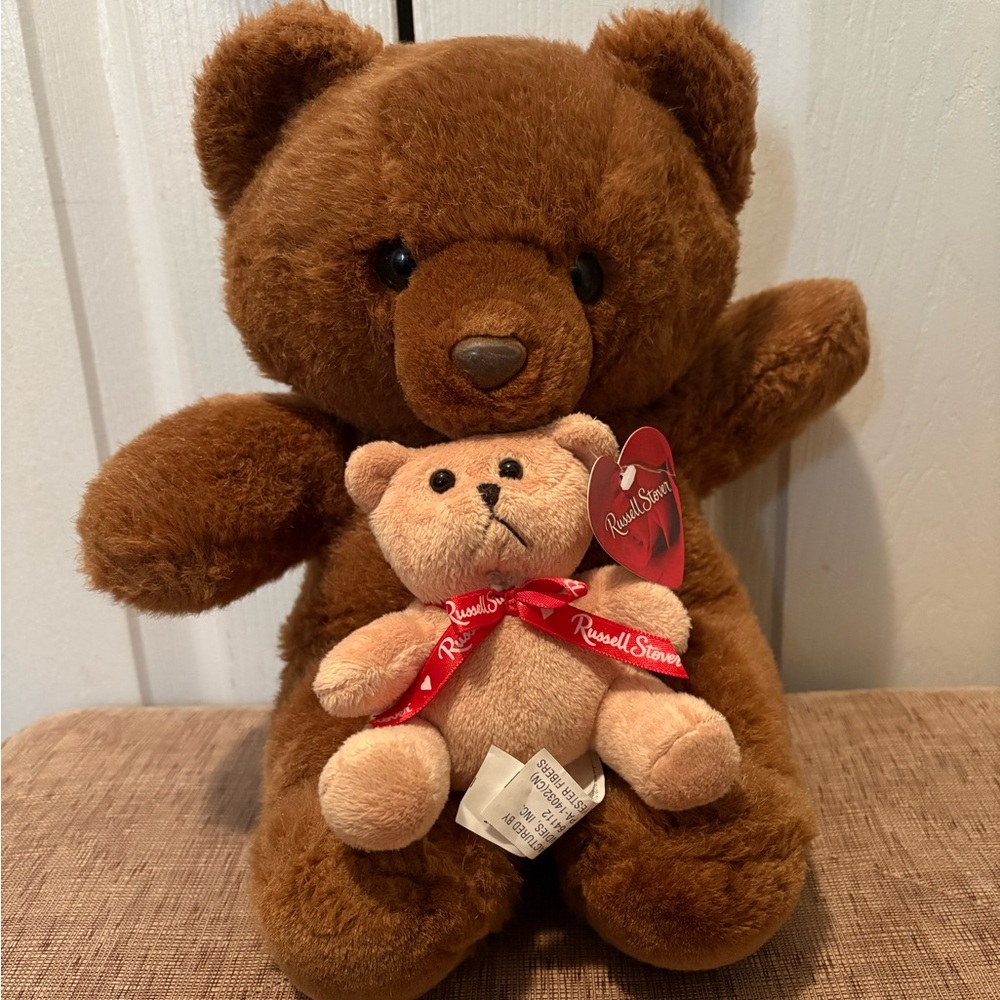 2X all fluffy Plush stuffed Russell Stover Brown & Yellow stuffed Teddy Bear